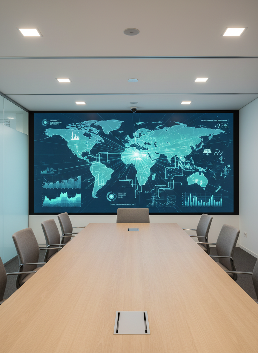 A minimalist conference table made of light oak with a subtle grain, surrounded by empty ergonomic chairs, in front of a massive wall-sized digital screen. On the screen, a clean, stylized map of an energy network glows softly, showing interconnected grids, utility infrastructures, and environmental indicators enhanced by AI insights. Soft, neutral overhead lighting creates a professional, evenly lit space, with a hint of daylight filtering through frosted glass panels on the side. Photographic realism with a wide-angle lens, straight-on perspective, and sharp focus throughout. The atmosphere is strategic and organized, suggesting structured workshops in AMOA, business analysis, and project governance for the energy and environment sectors.