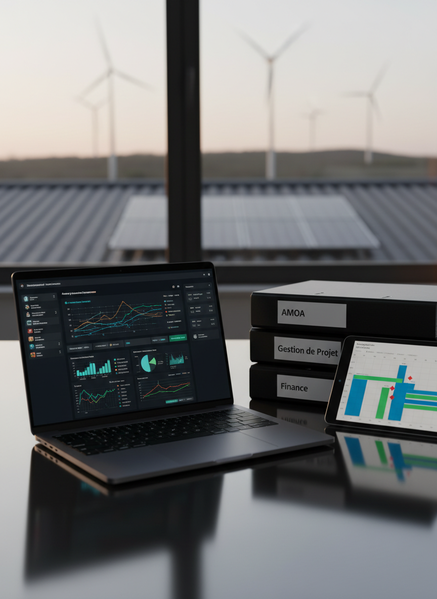 A close-up of a polished dark-glass desk featuring a high-end laptop showing a dashboard of AI-powered predictive analytics for energy demand, next to a neatly stacked set of technical binders labeled “AMOA”, “Gestion de Projet”, and “Finance”. A slim digital tablet displays a Gantt chart and key milestones. In the background, through a large window, faint silhouettes of solar panels on nearby rooftops and a distant wind farm are softly blurred. Late-afternoon natural light creates warm highlights and gentle shadows, balanced with the cool glow from the screens. Photographic realism, slightly elevated angle, shallow depth of field focusing on the tools. The mood is methodical and confident, emphasizing governance, planning, and financial steering.