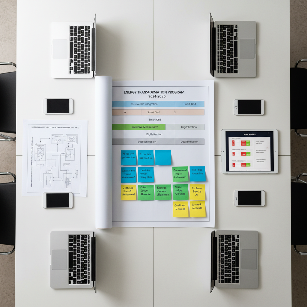 A bird’s-eye view of a large, clean project war-room table covered with neatly arranged artifacts: a printed roadmap for an energy transformation program, color-coded sticky notes with AI use cases for utilities and environment, architectural diagrams of data flows, and a tablet displaying a risk matrix. Several closed laptops and smart devices are positioned symmetrically, indicating a paused strategic workshop. Neutral overhead lighting illuminates the white tabletop evenly, creating crisp shadows around the objects. Photographic realism with sharp focus across the frame, emphasizing structure and clarity. The atmosphere is methodical and collaborative, showcasing rigorous AMOA, governance, and business analysis methodologies applied to complex energy and environmental projects, without any people visible.