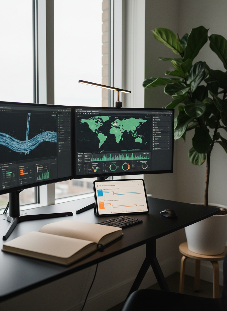 A high-tech, yet eco-conscious office corner featuring a matte black workstation with dual curved monitors showing AI decision-support dashboards for water utilities and environmental metrics. A digital tablet rests on a recycled-paper notebook, with color-coded project roadmaps visible. Beside the workstation, a lush green plant in a simple white ceramic pot symbolizes sustainability. Soft, overcast daylight enters from a side window, complemented by a single slim LED desk lamp creating focused, warm light on the workspace. Photographic realism, three-quarter angle with moderate depth of field, emphasizing both screens and plant. The mood is balanced, responsible, and innovative, merging advanced AI consulting with environmental stewardship and structured project leadership.