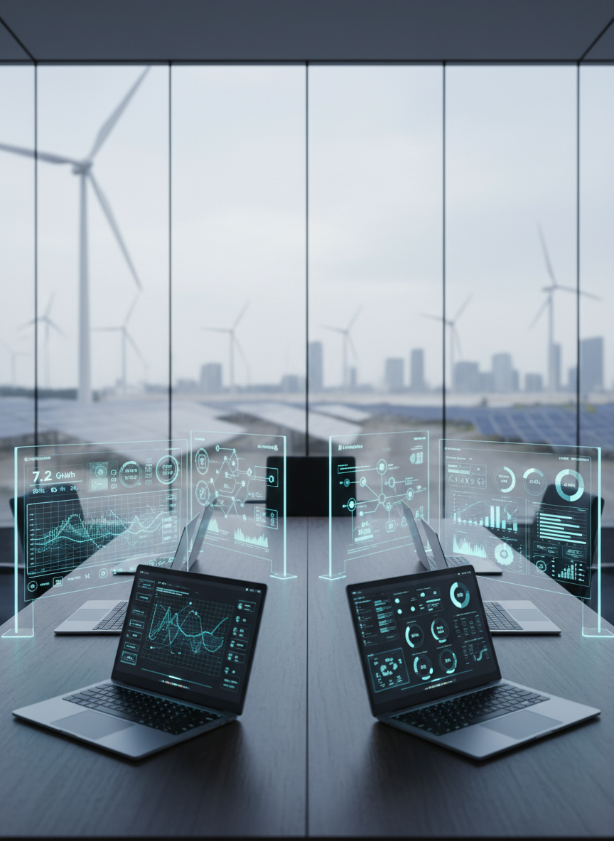 A sleek, ultra-modern control room table covered with open laptops, digital tablets, and large transparent dashboards displaying clean data visualizations of energy consumption, AI workflows, and financial KPIs. The scene is set in a glass-walled office overlooking a blurred cityscape of wind turbines and solar panels in the distance. Cool, diffused daylight from floor-to-ceiling windows combines with subtle blue-toned ambient lighting from the screens, casting gentle reflections on a matte dark-wood surface. Photographic realism, eye-level composition with shallow depth of field, emphasizing clarity, precision, and professionalism. The mood is calm, analytical, and forward-looking, evoking intelligent AI consulting for energy and utilities without any human presence.