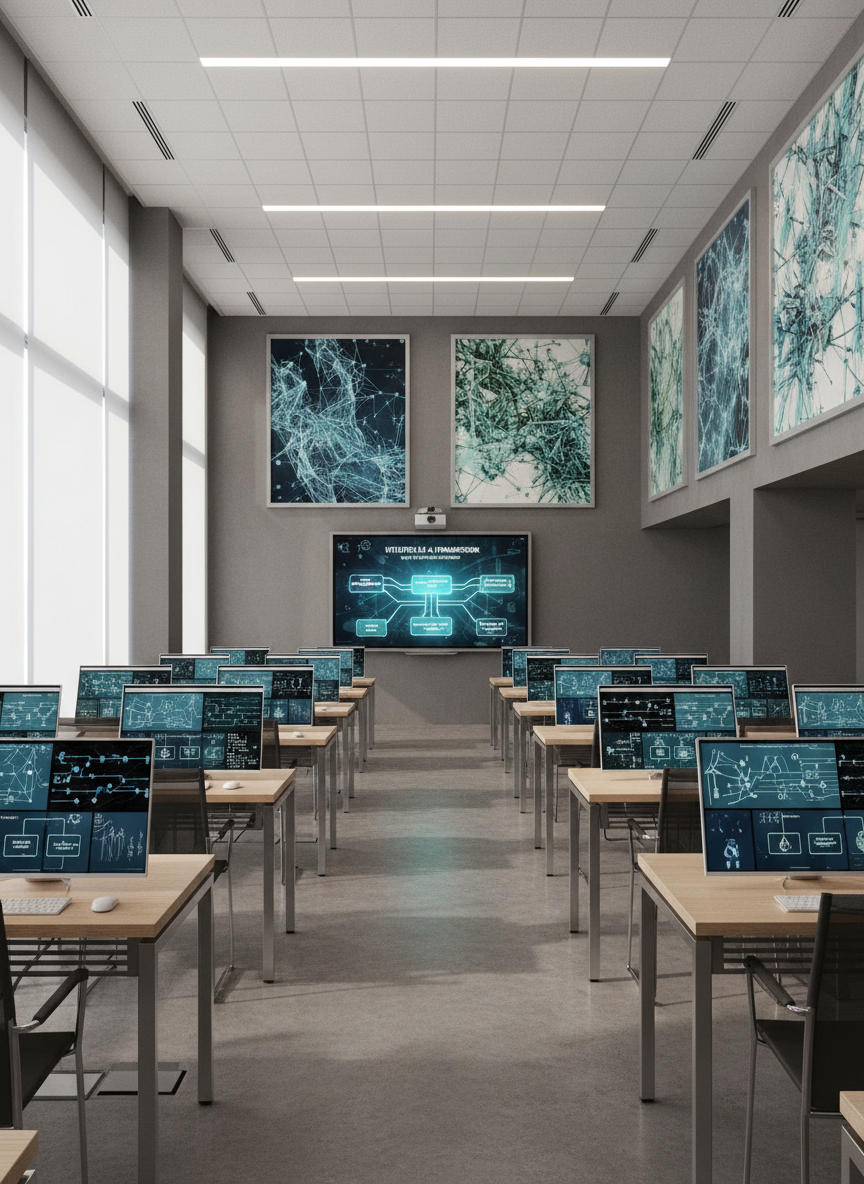 An elegant training room with rows of empty modern desks, each equipped with a slim monitor displaying clean AI diagrams, flowcharts, and data pipelines relevant to utilities and environmental management. The walls feature large, framed abstract visuals inspired by neural networks and smart grids in subtle blues and greens. Natural daylight floods in from tall side windows, softened by white blinds, while discreet ceiling lights provide even, neutral illumination. Photographic realism, wide-angle shot from the back of the room facing a large interactive whiteboard at the front. The mood is open, instructive, and future-oriented, conveying structured professional training in AI, business analysis, and project management without any direct human presence.