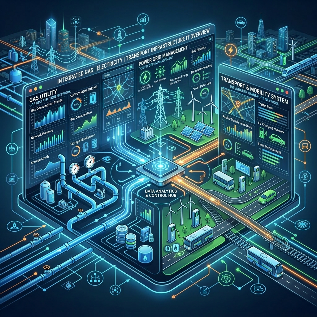 Digital dashboard showing gas utility, electricity utility, and transport utility data with network icons and charts